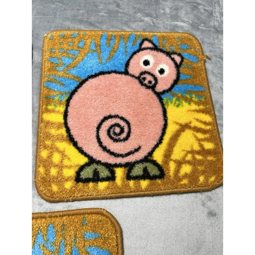 Vintage Retro Cartoon Animal Rugs Set of 7 Fox Duck Pig Bunny Horse Cow Chicken